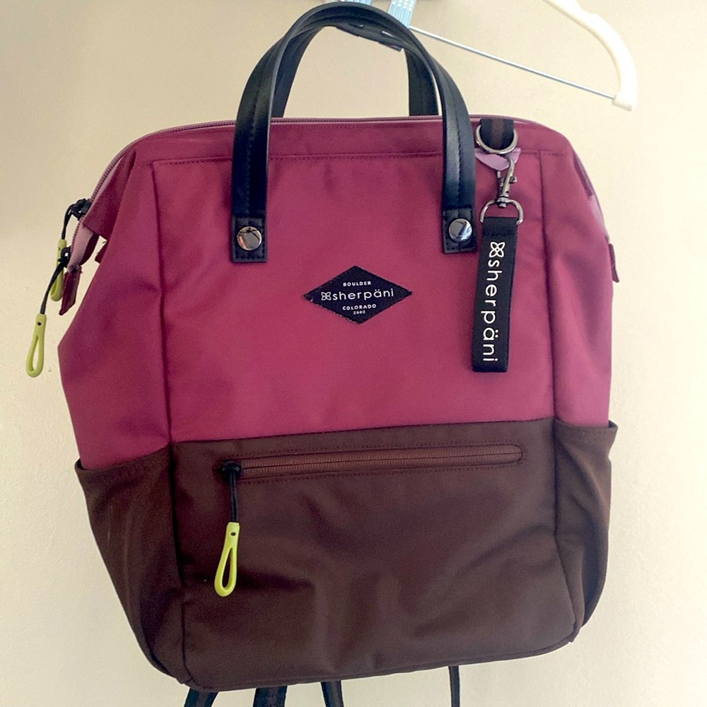 Sherpani backpack, brown and purple.